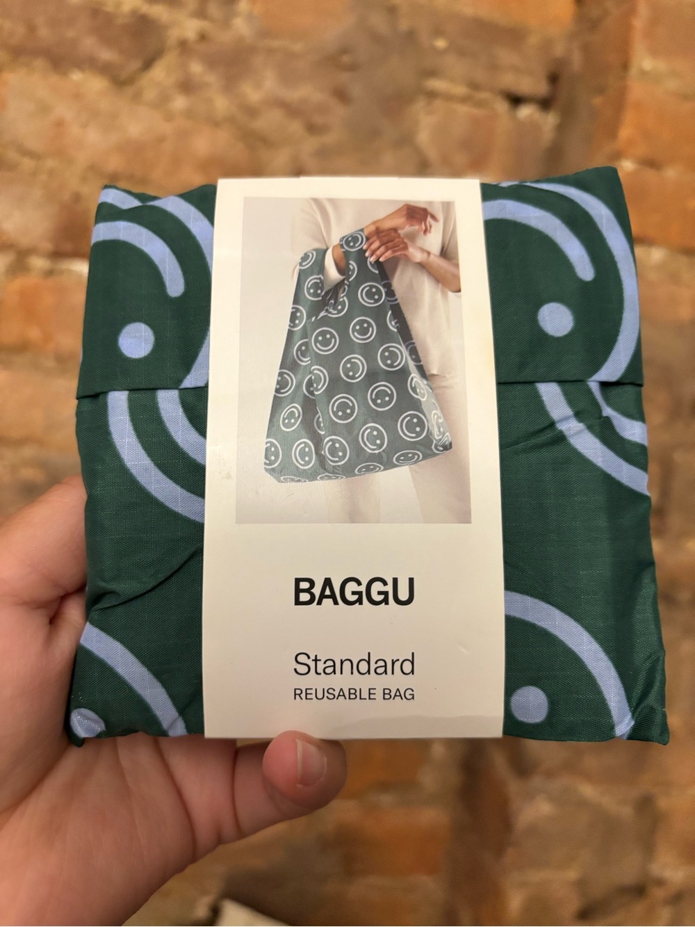 BAGGU Standard Reusable Bag - Green with Light Blue Smiley Pattern
